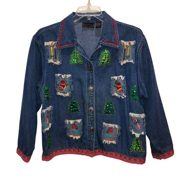 Vintage New Direction Womens Large Blue Button Up Christmas Holiday Denim Jacket - Picture 2 of 10